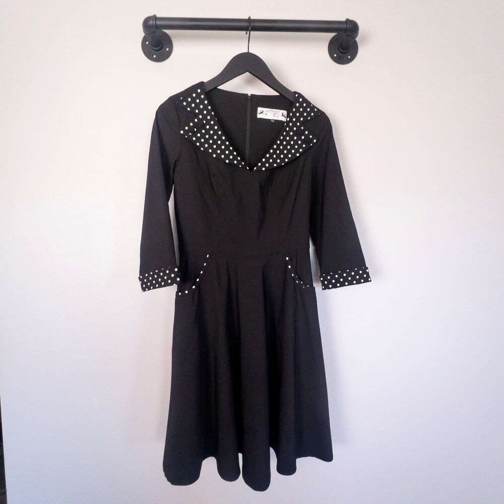 Hell Bunny Retro Polka Dot Trim Flare Dress Goth Rockabilly Black L